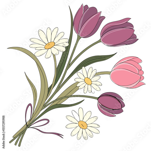 Purple and pink tulips with daisies bouquet flowers