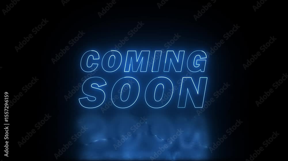 neon coming soon text in blue colour with reflection on black background