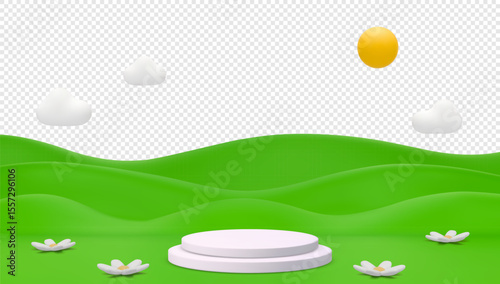 Minimalistic 3D Vector Landscape with Green Hills and White Clouds