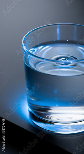 Close-up of glass filled with water, showing ripples from a recent drop.  The blue light beneath adds a cool, refreshing feel, ideal for purity or hydration concepts