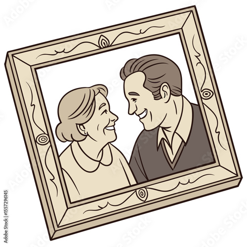 Happy elderly couple portrait in ornate frame vintage