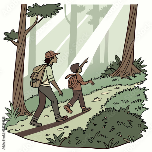 Two brothers hiking in a forest trees path