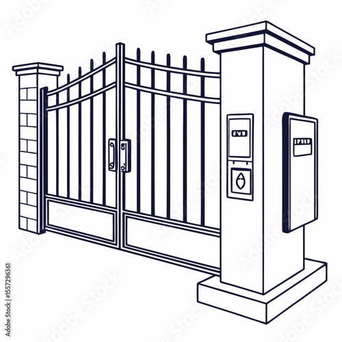 Ornate wrought iron gate with brick pillar and intercom