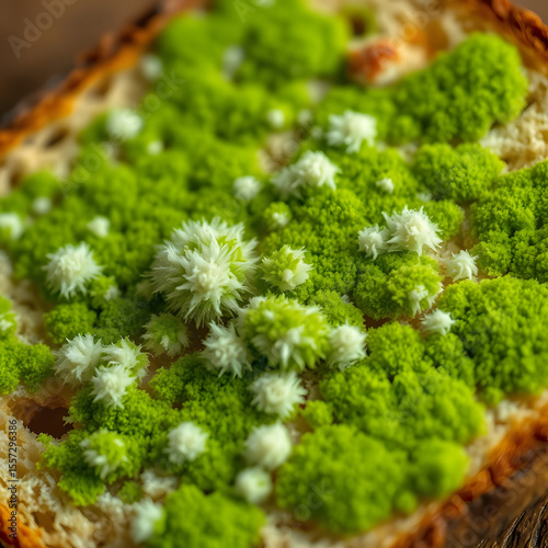 Green mold or fungus blooming in patch on decaying surface in tight macro environment