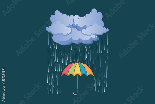 Colorful umbrella under falling raindrops, pastel flat cartoon vector for weather themes, kids illustrations, baby product packaging, and digital backgrounds
