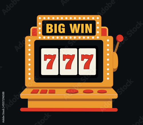  Slot machine 777, casino. Vector illustration of a themed banner for gambling and casino. Slot machine on a dark background. Flat design template for casino projects and advertising