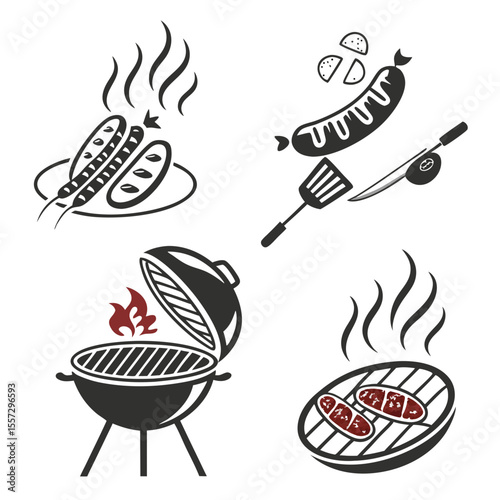 Barbecue grill icons with sausages and buns cooking