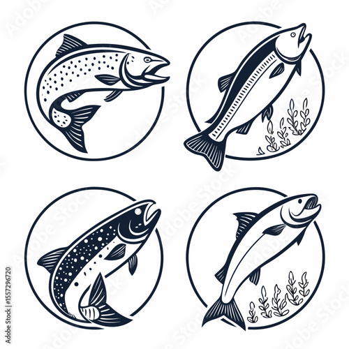 Four circular emblems featuring stylized fish salmon