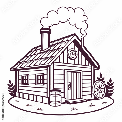 Rustic smokehouse with billowing smoke cabin wood