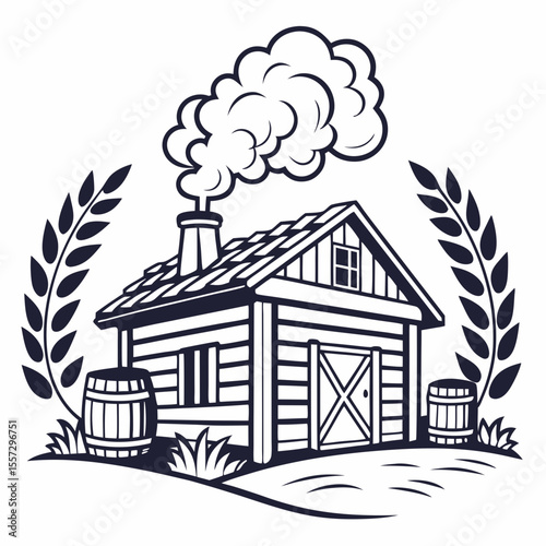 Rustic smokehouse with barrels and wheat cabin