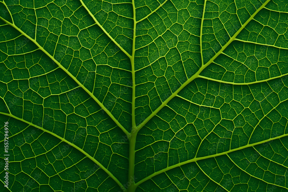 Fototapeta premium Macro of green leaf structure with high contrast veins and chlorophyll patterns under strong light