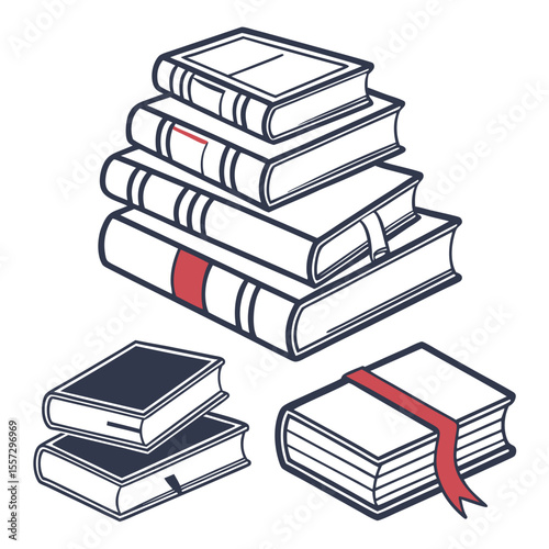 Stacked books with red ribbon and bookmark reading