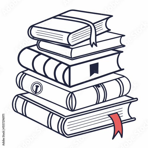 Stacked books with ribbons and bookmark reading learning