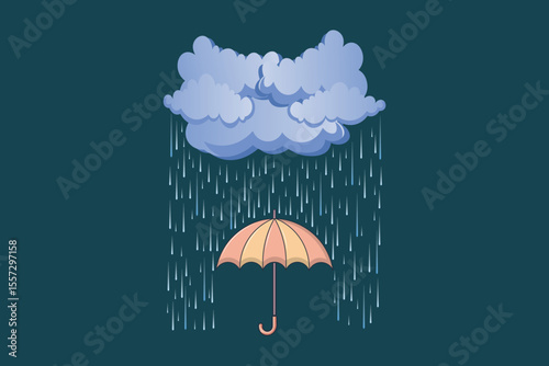 Rain falling on umbrella cartoon vector, pastel flat design for rainy day themes, children’s art, weather icons, nursery graphics, and decor
