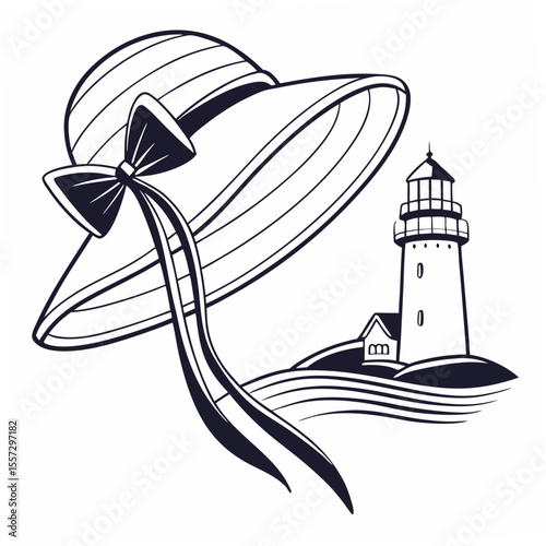 Beach hat and lighthouse scene ocean waves nautical