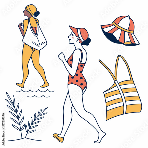 Women walking beach accessories summer vacation