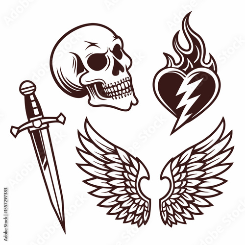 Skull dagger heart wings flame tattoo style vector