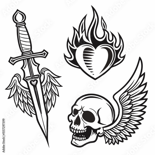Skull dagger heart flames wings tattoo art vector