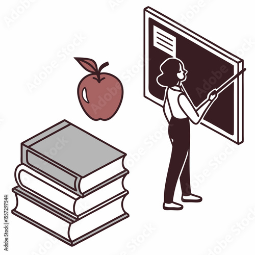 Teacher with apple and books at blackboard education