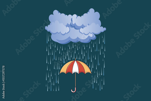 Flat cartoon umbrella in gentle rain, vector illustration with pastel tones for seamless weather-themed background, kids prints, and baby designs
