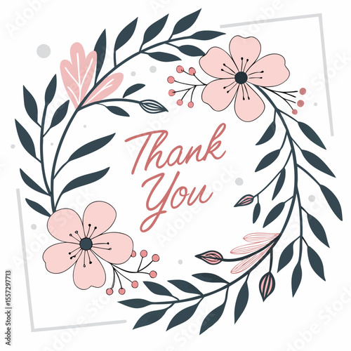 Floral wreath thank you card with pink flowers vector