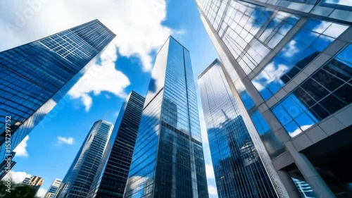 Wallpaper Mural Upward View of Modern Glass Skyscrapers Reaching Towards a Bright Blue Sky with White Clouds Torontodigital.ca