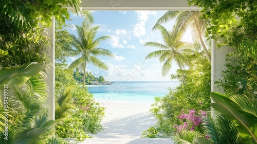 Lush palm trees on a white beach framed by 3D turquoise seas, forming the perfect exotic getaway