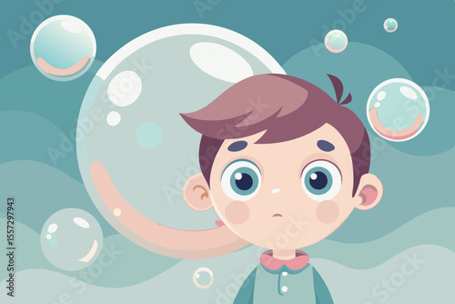 A little boy with wide eyes looks in awe at a floating soap bubble