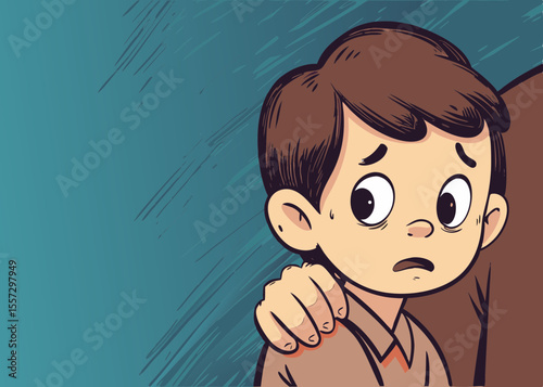 Boy startled by a loud noise, hiding behind an adult, eyes wide with fear.