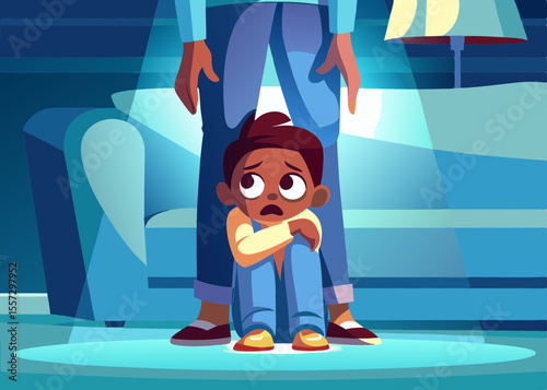 Boy startled by a loud noise, hiding behind an adult, eyes wide with fear.