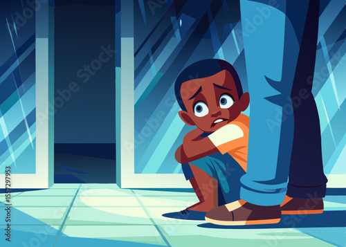 Boy startled by a loud noise, hiding behind an adult, eyes wide with fear.