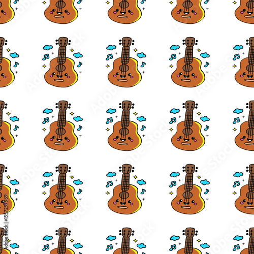 Seamless pattern of funny guitar characters with musical elements.