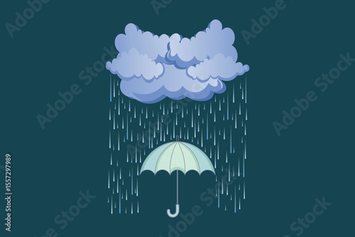 Rain drops landing on umbrella, vector cartoon flat design with pastel palette, cute illustration for children’s projects, storybooks, and seasonal visuals

