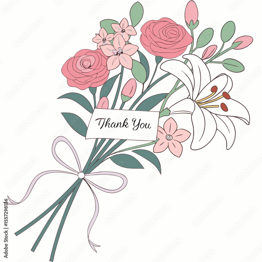 Pink roses white lily bouquet with thank you flowers
