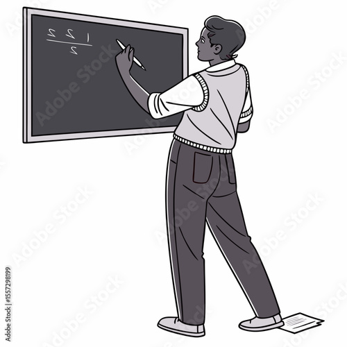 Man writing math equation on blackboard teacher male