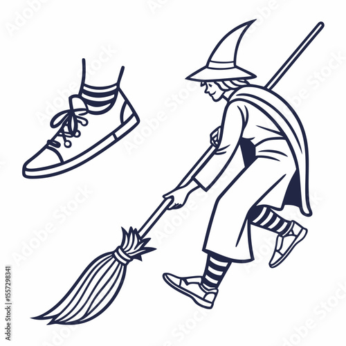 Witch with broom and shoe cape