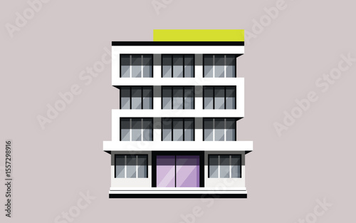Flat vector illustration of a sleek apartment or condominium building, designed with sharp angles and bright window panes, set against a soft background for modern themes