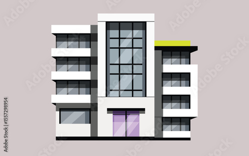 Flat vector illustration of an apartment building with a minimalist architectural style, featuring large glass windows and geometric shapes