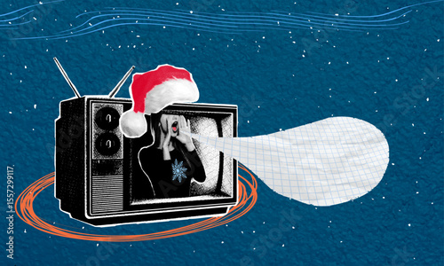 Trendy Christmas collage in pop art style. Halftone retro TV with Santa hat on it, screaming announcer, speech bubble. Holiday, Christmas, New Year. Concept of congratulation, greeting.