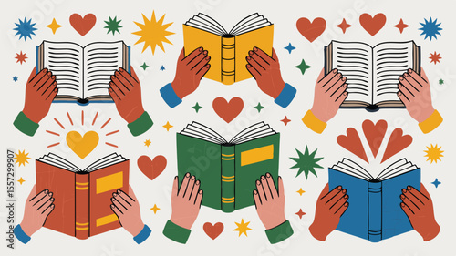 Open Books Held by Hands with Stars and Hearts, Colorful Educational Learning Concept