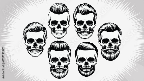 Six Skull Variations with Hairstyles, Beards, and Mustaches Illustration for Barber Shops
