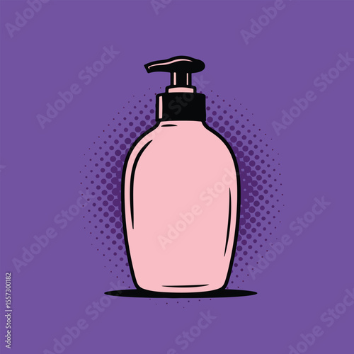 lotion bottle pop art icon with purple halftone background
