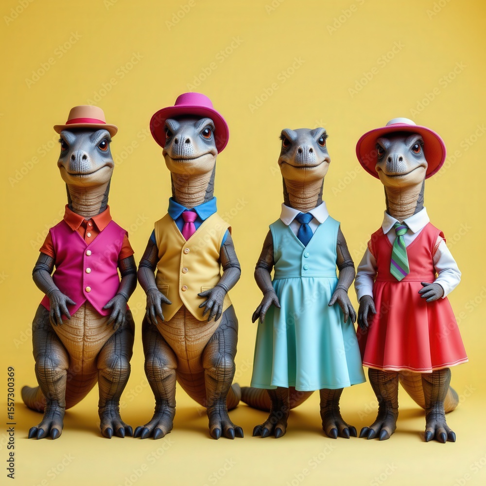 Obraz premium Colorful Dinosaurs Dressed in Stylish Outfits Stand Together Against Bright Yellow Background