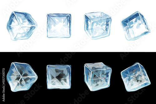 Set of transparent ice cubes from different angles. Food ice cubes isolated on white and black background. Vector illustration for cold drinks, food industry, frozen foods, etc