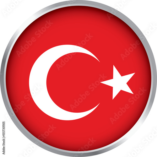 round icon of turkey national flag featuring white crescent moon and star on red background illustration

