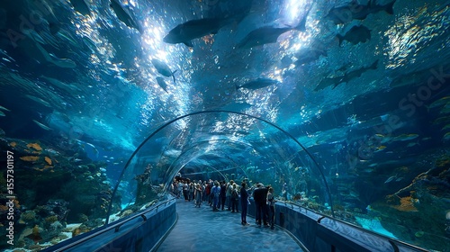 Wallpaper Mural large underwater aquarium tunnel, people watching marine life swimming overhead, vivid blue lighting  Torontodigital.ca