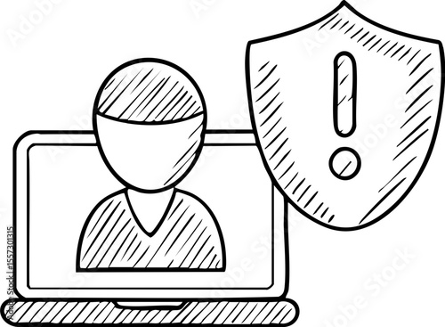 Supply chain cyberattack outline with shield and exclamation mark on computer screen sketch