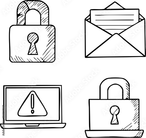 Supply chain cyberattack outline with padlock envelope and warning symbol for security concept