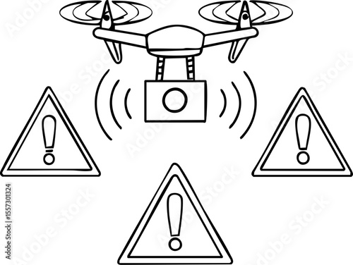 Supply chain cyberattack outline with drone and warning sign icons indicating digital threat