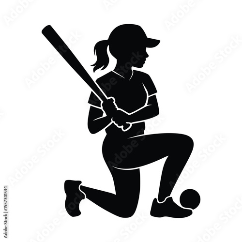 Silhouette illustration of a female baseball player kneeling with bat and ball ready to hit